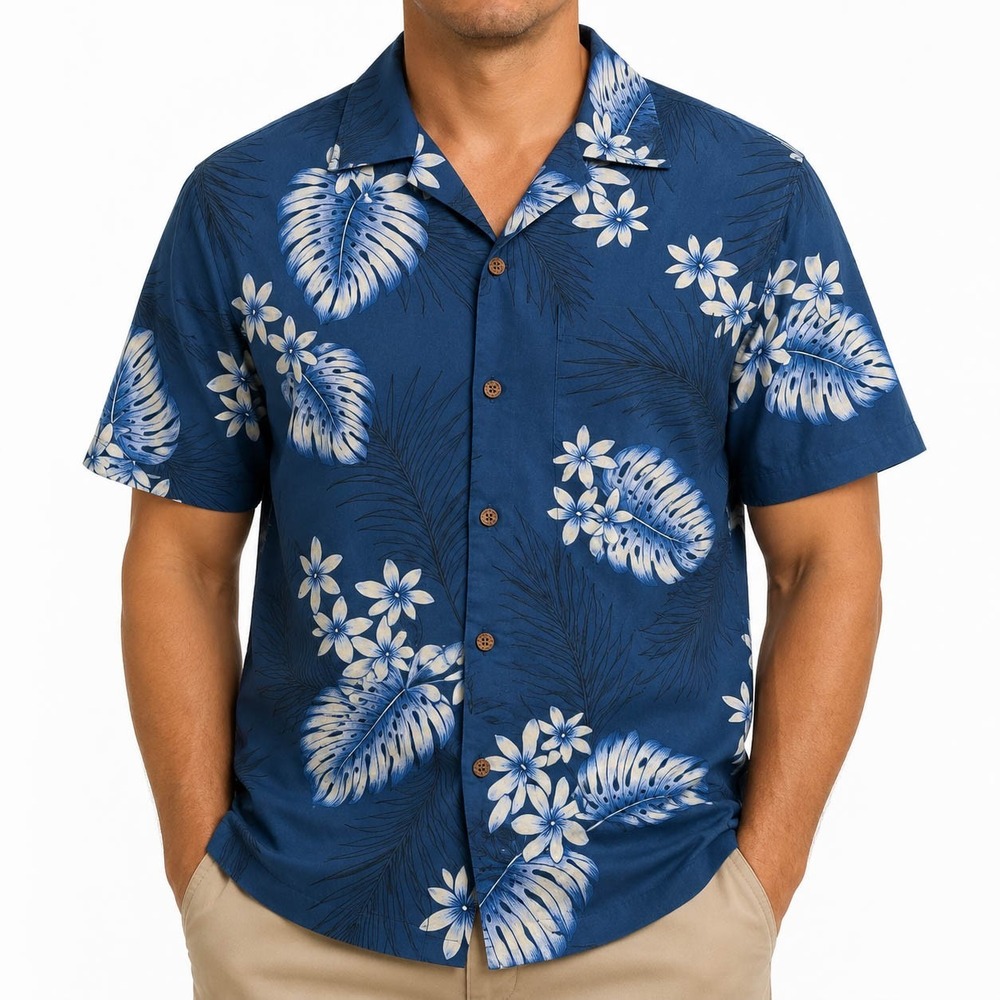 RJC Mens Hawaiian Aloha Shirt Blue Monstera Floral Cotton Made in USA Size M